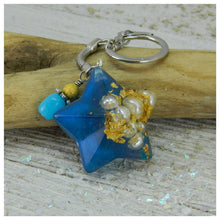 Load image into Gallery viewer, Blue Star Keychain with Gold &amp; Pearls
