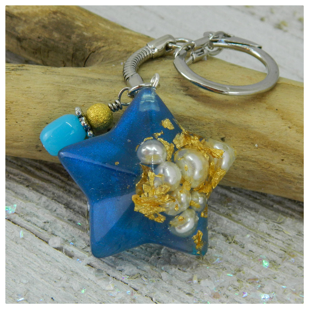 Blue Star Keychain with Gold & Pearls