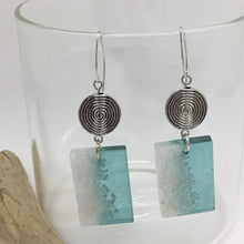 Load image into Gallery viewer, Rectangular Drop Resin Earrings in Aqua &amp;  White
