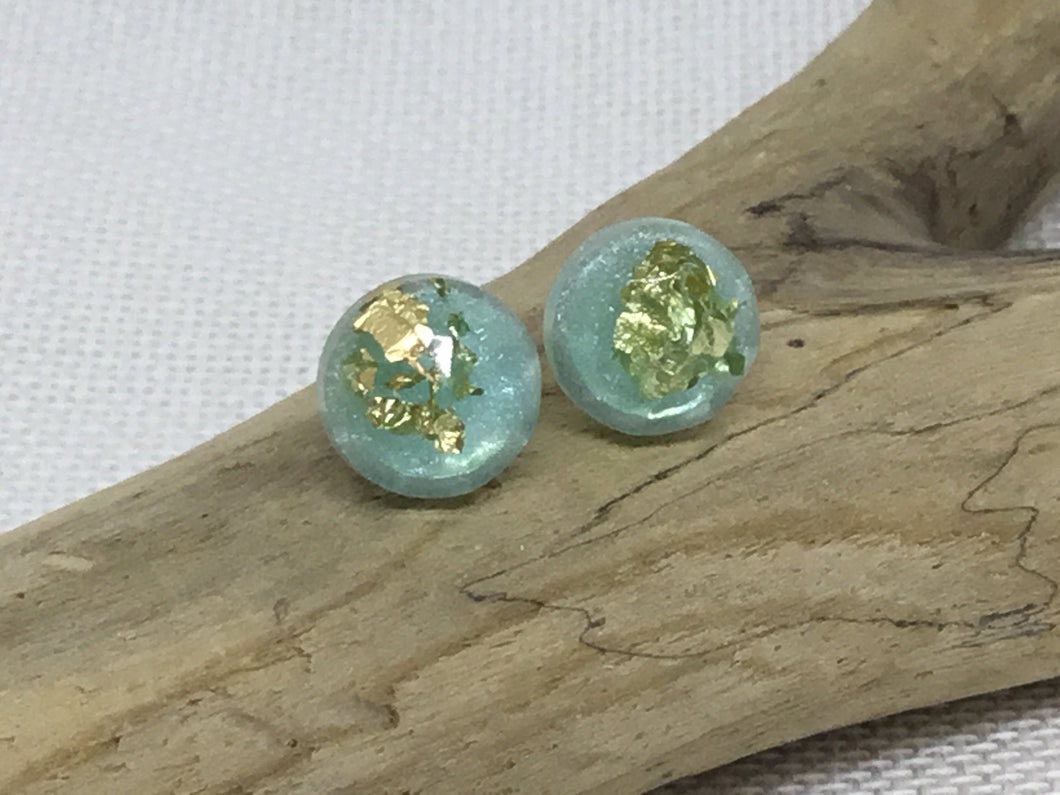 Round Stud Earrings in Aqua with Gold