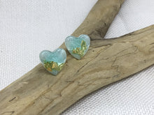 Load image into Gallery viewer, Heart Stud Earrings in Aqua with Gold
