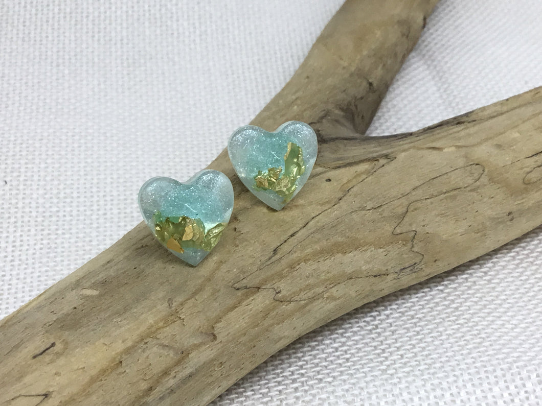 Heart Stud Earrings in Aqua with Gold